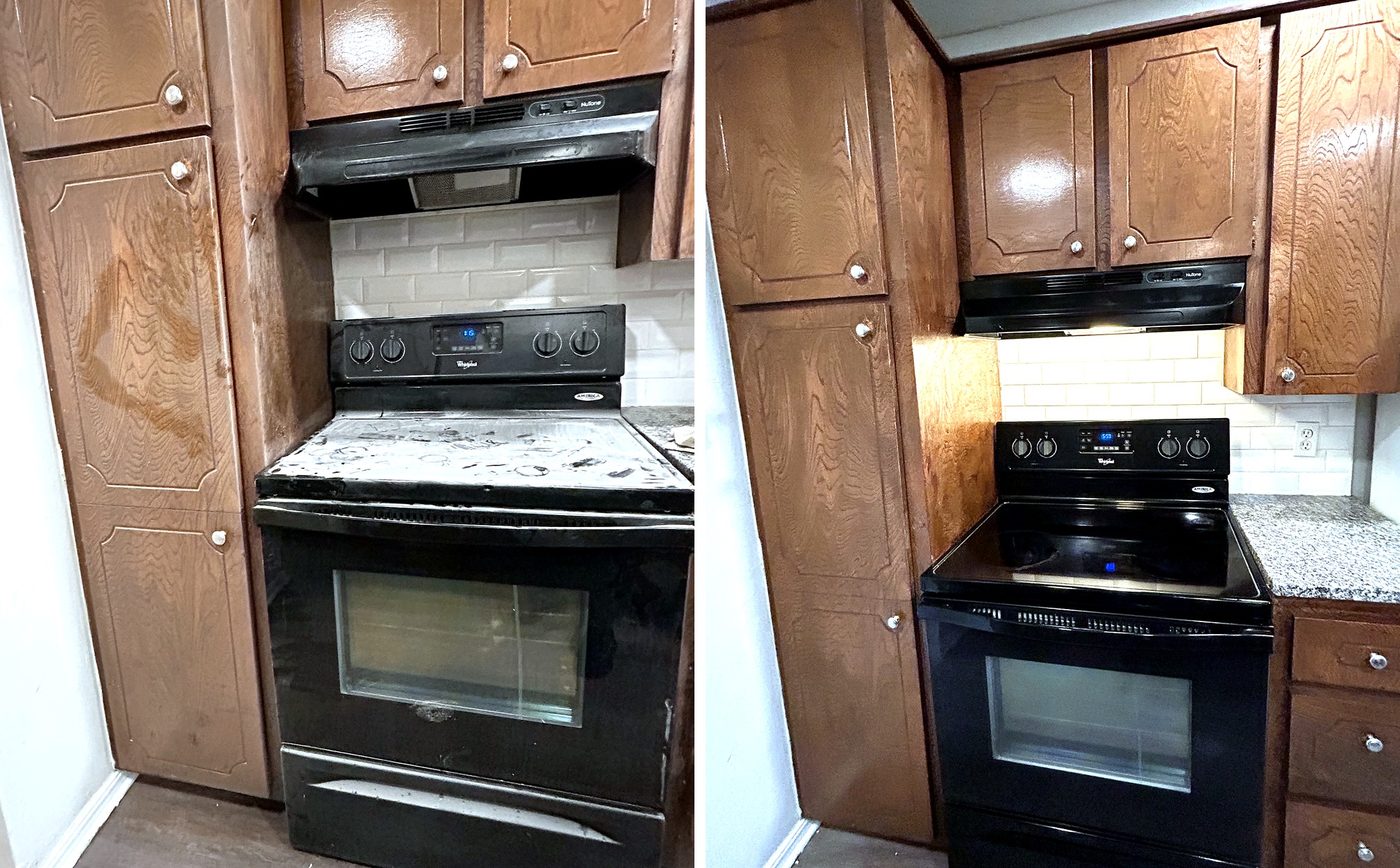 Before and after: kitchen range and cabinets cleaned of construction paint spatter by Garvel Cleaning Solutions in Tulsa, Oklahoma