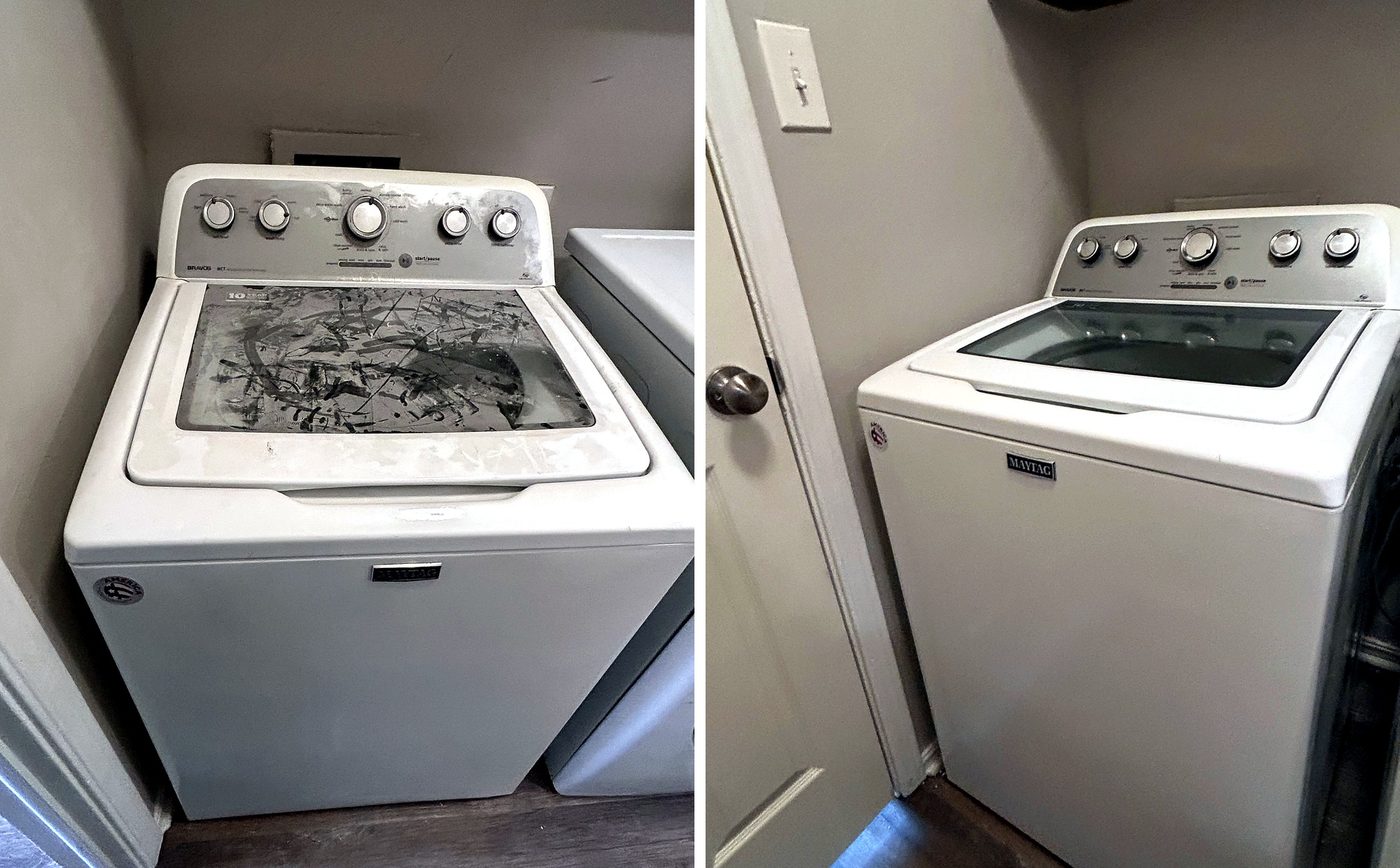Before and after: washer and laundry area cleaned of paint and construction residue by Garvel Cleaning Solutions